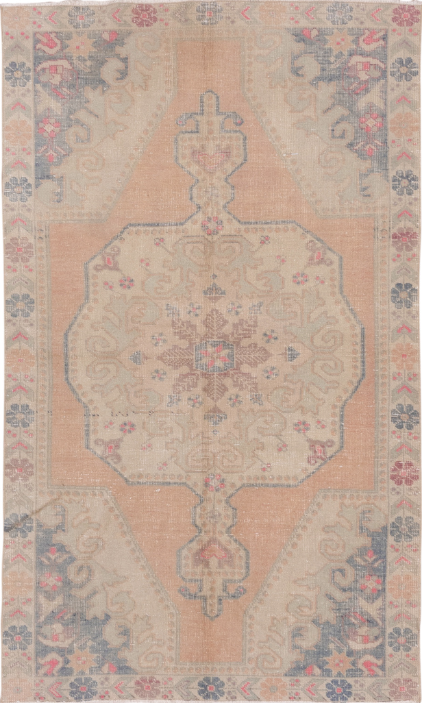 4' x 7' one-of-a-kind handmade vintage Oushak rug. Color palette: brown, gray, light gray, off-white, pink