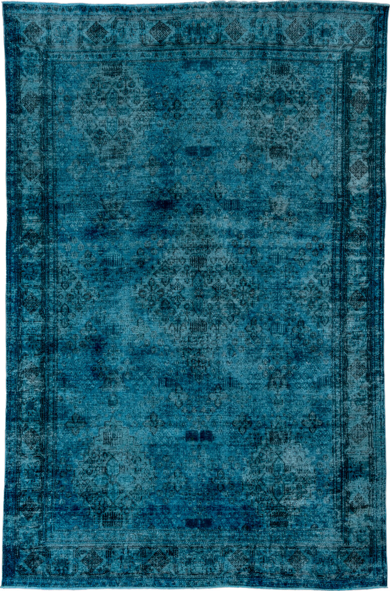 7' x 10' one-of-a-kind handmade vintage Overdyed large size rug. Color palette: blue, gray, green, light blue