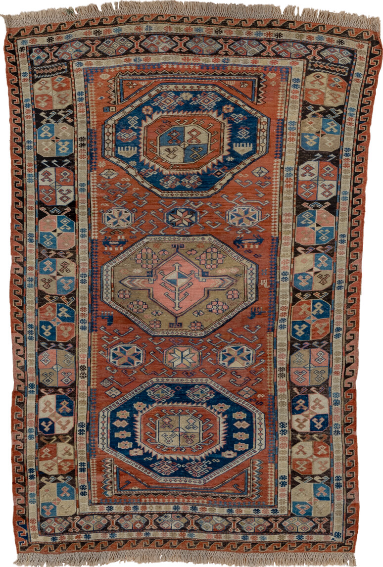 3' x 6' one-of-a-kind handmade vintage Sumak small size rug. Color palette: blue, brown, dark gray, gray, light gray
