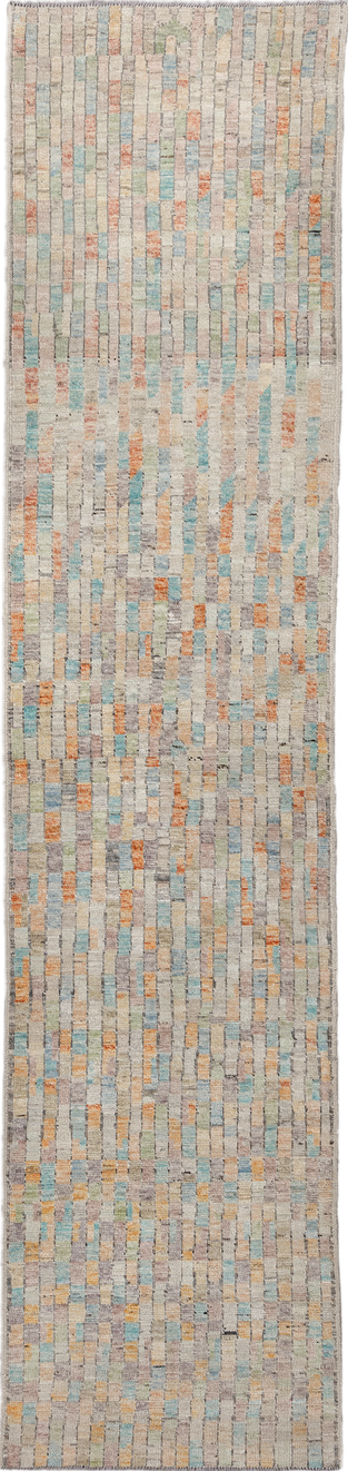 3' x 13' one-of-a-kind handmade vintage Tulu runner rug. Color palette: gray, blue, light gray, off-white, pink, brown