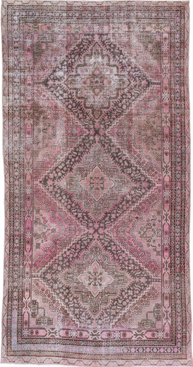 6' x 13' one-of-a-kind handmade vintage Khotan large size rug. Color palette: brown, gray, light gray, off-white, pink