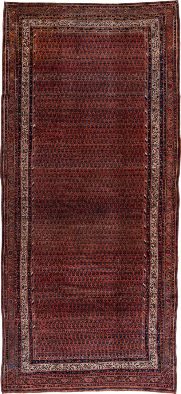 7' x 15' one-of-a-kind handmade vintage Saraband rug. Color palette: blue, brown, gray, pink, red