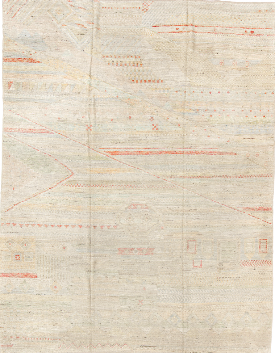 10' x 13' one-of-a-kind handmade vintage Tulu large size rug. Color palette: brown, dark salmon, gainsboro, gray, light gray