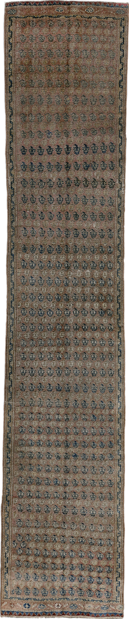 2' x 13' one-of-a-kind handmade vintage Kurd runner rug. Color palette: black, brown, charcoal, gray, light gray, off-white
