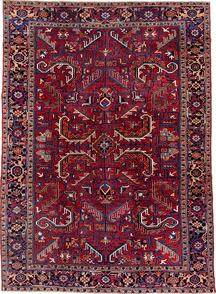 7' x 10' one-of-a-kind handmade vintage Heriz large size rug. Color palette: antiquewhite, blanched almond, blue, brown