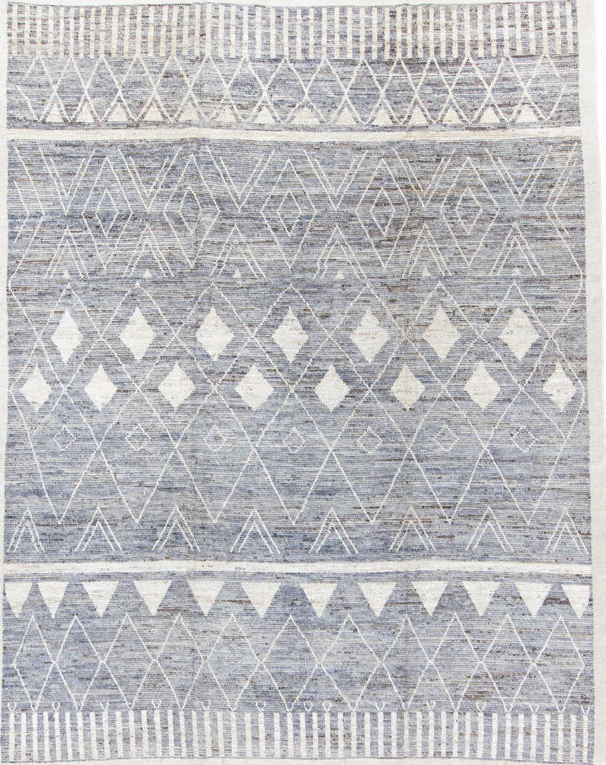 9' x 11' one-of-a-kind handmade vintage Tulu large size rug. Color palette: black, dark gray, dim gray, gray, light blue