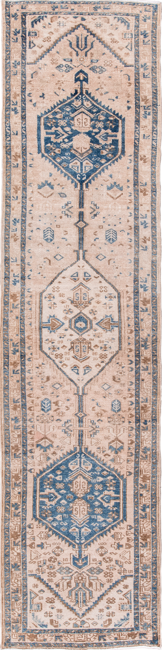 2' x 10' one-of-a-kind handmade vintage Karaje runner rug. Color palette: blue, brown, dark gray, fiord, gray, light gray