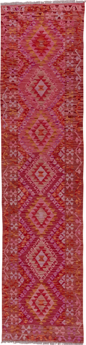 2' x 9' one-of-a-kind handmade vintage Kilim runner rug. Color palette: brown, off-white, pink, red, snow, white, whitesmoke