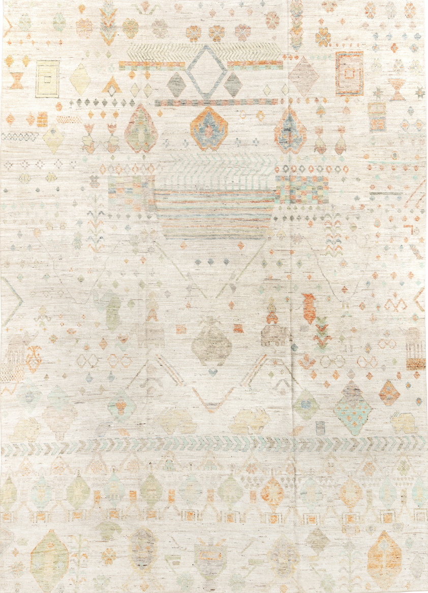 10' x 14' one-of-a-kind handmade vintage Tulu large size rug. Color palette: bisque, black, blanched almond, brown