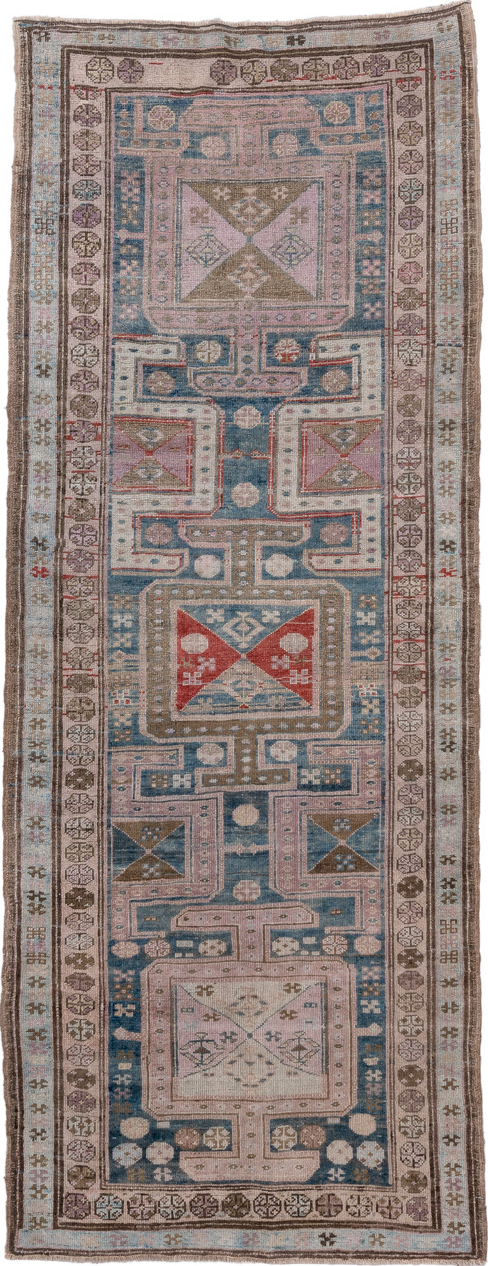 3' x 9' one-of-a-kind handmade vintage Caucasian runner rug. Color palette: black, blue, brown, charcoal, dim gray, gray