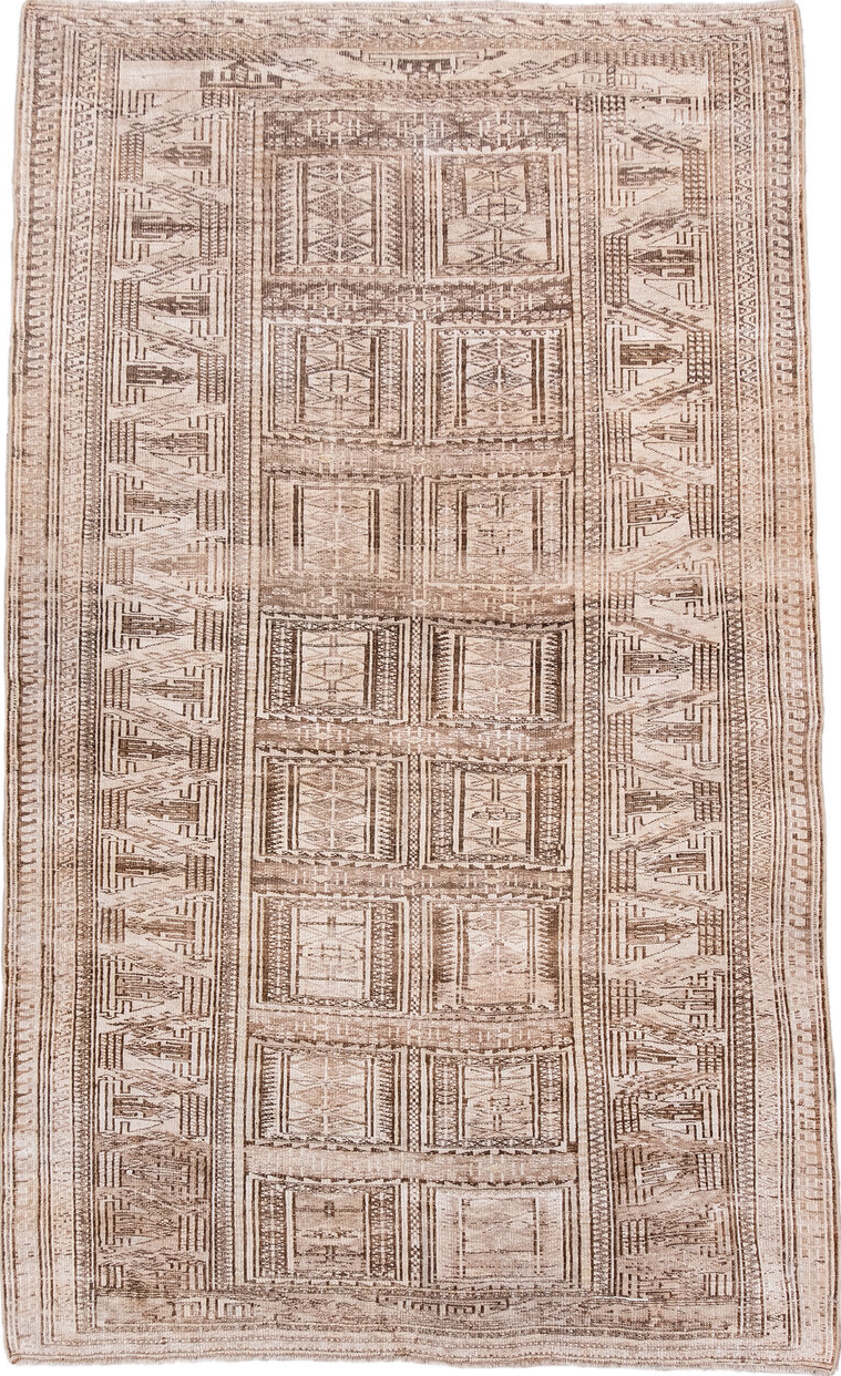 3' x 6' one-of-a-kind handmade vintage Belouch small size rug. Color palette: antiquewhite, brown, gray, light gray, linen