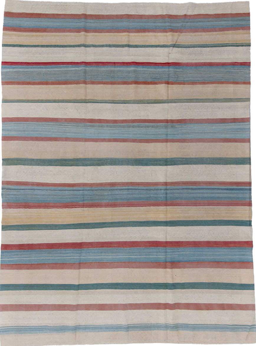 9' x 12' one-of-a-kind handmade vintage Kilim large size rug. Color palette: blue, brown, dark gray, dim gray, gray