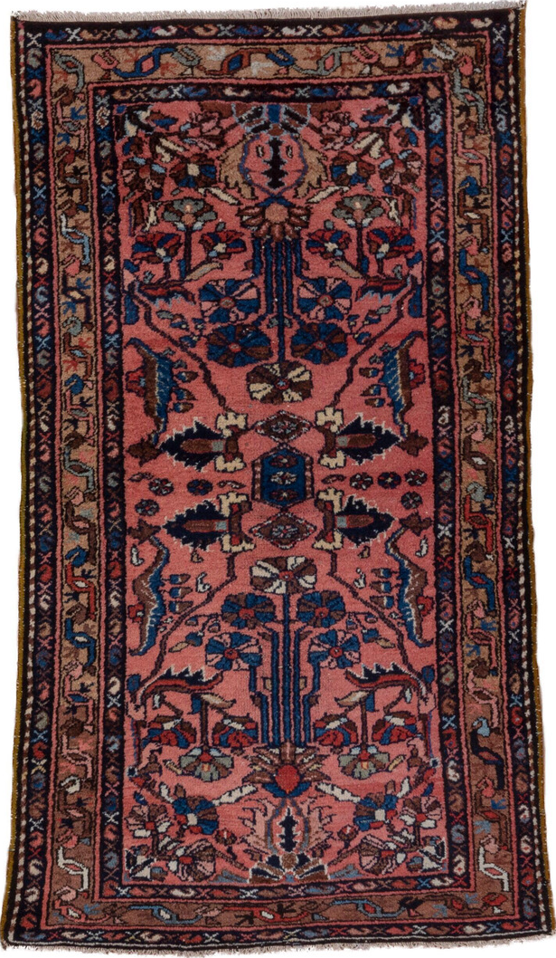 3' x 6' one-of-a-kind handmade vintage Lilian small size rug. Color palette: black, blue, brown, charcoal, dim gray, gray