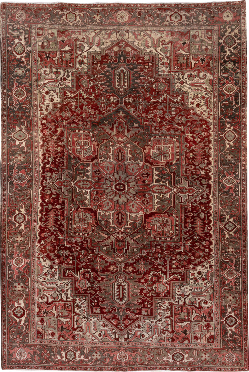 8' x 12' one-of-a-kind handmade vintage Heriz large size rug. Color palette: brown, gray, light gray, pink, red