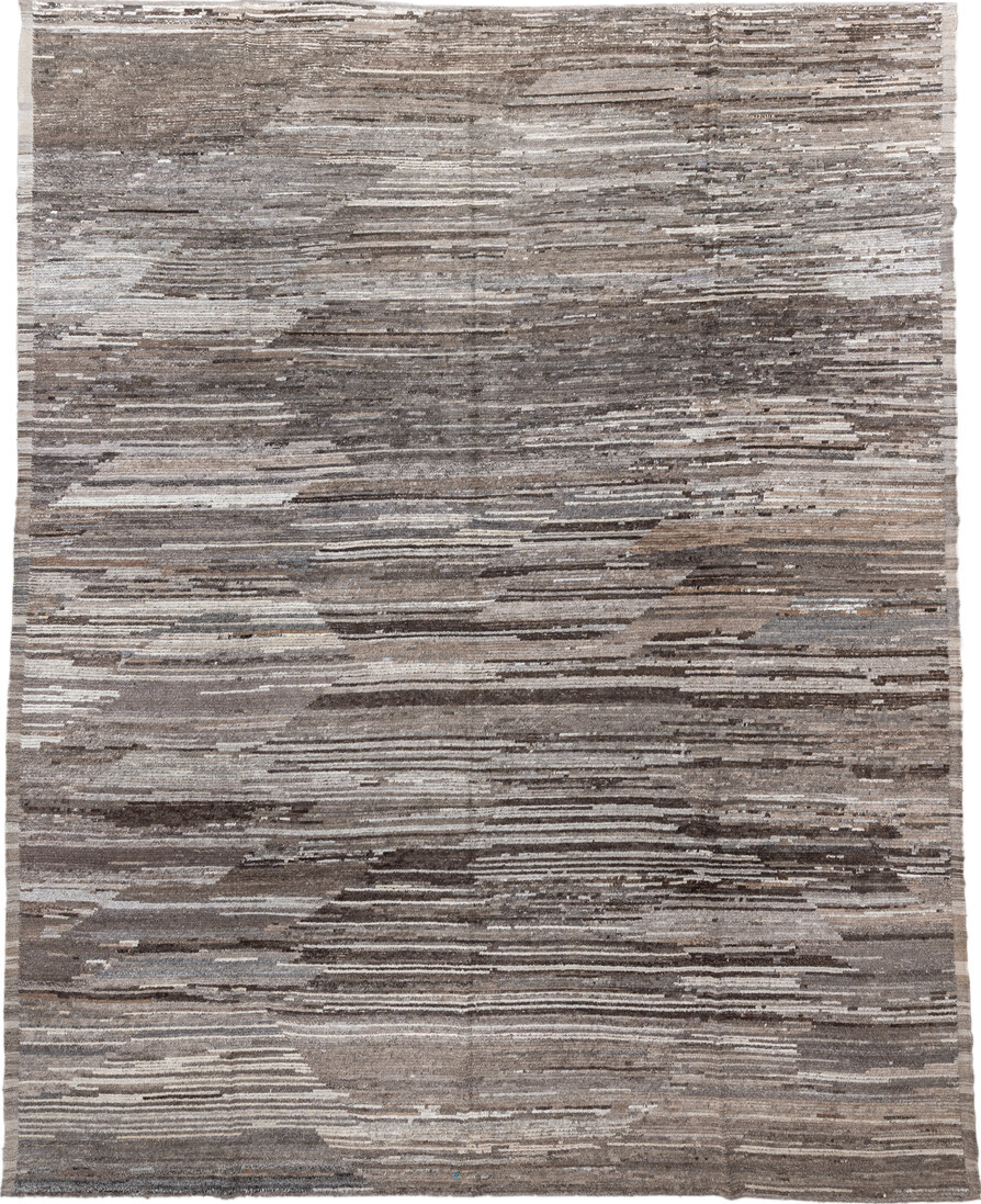 12' x 15' one-of-a-kind handmade vintage Tulu oversize rug. Color palette: black, brown, dark gray, gray, light gray, linen
