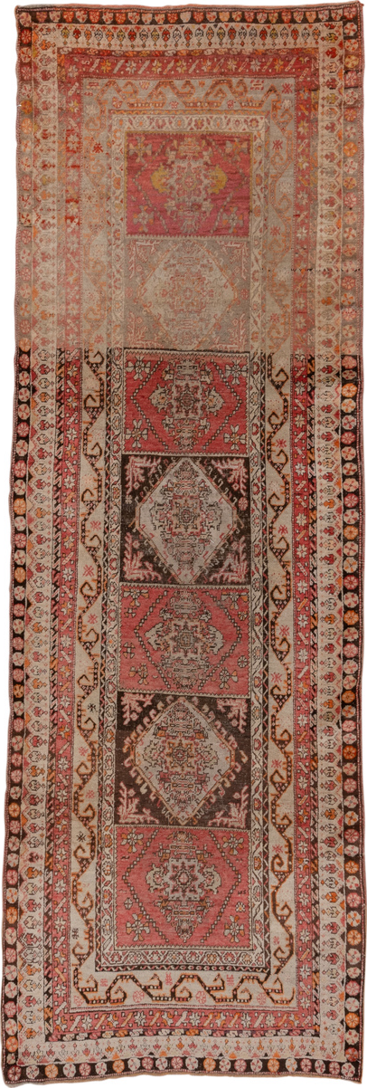 3' x 10' one-of-a-kind handmade vintage Sivas runner rug. Color palette: brown, gray, pink