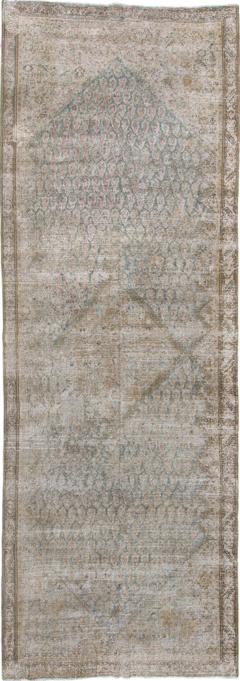 5' x 15' one-of-a-kind handmade vintage Saraband rug. Color palette: gray, light gray, off-white, pink, dim gray, silver