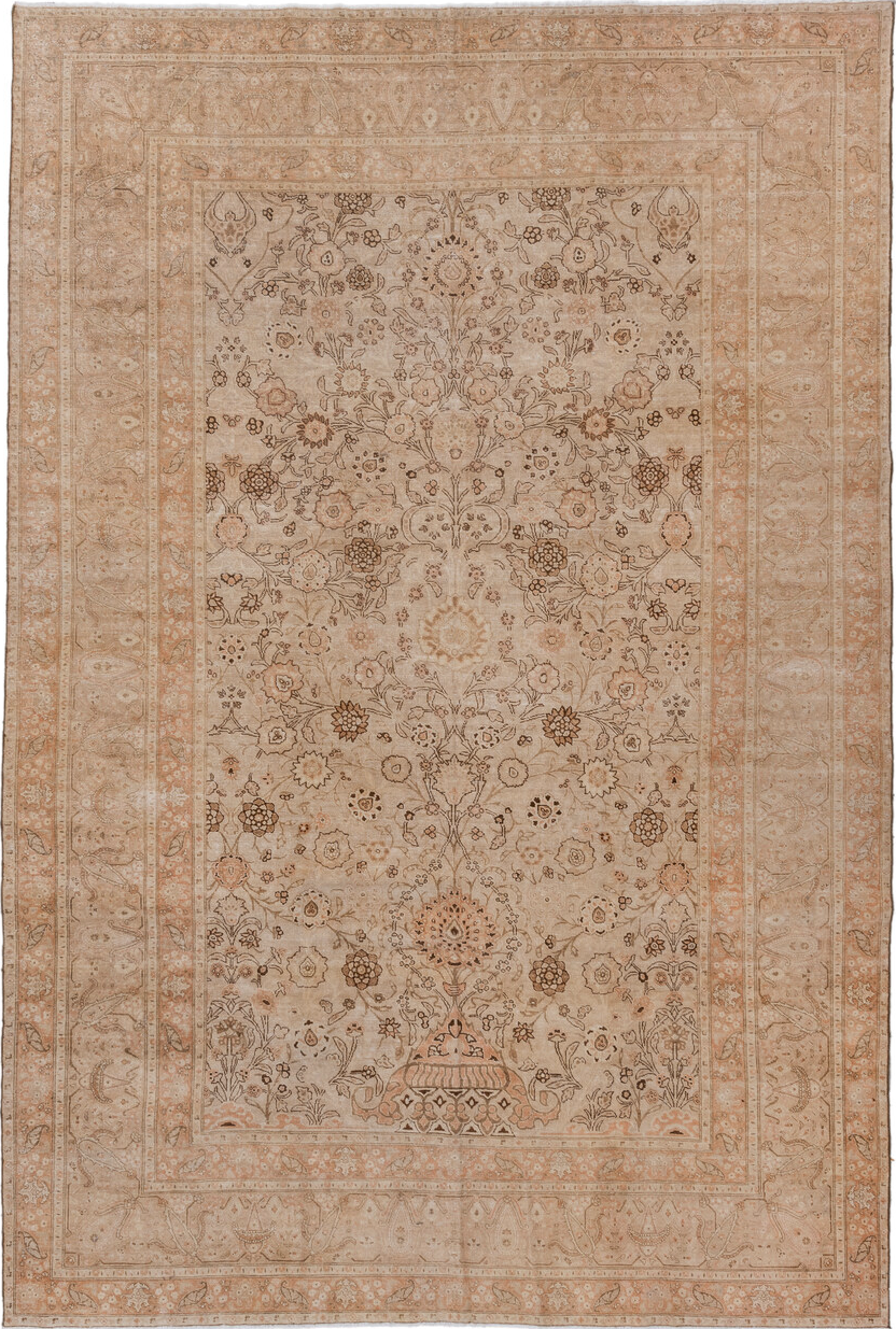 7' x 10' one-of-a-kind handmade vintage Tabriz large size rug. Color palette: brown, gray, light gray, off-white, orange