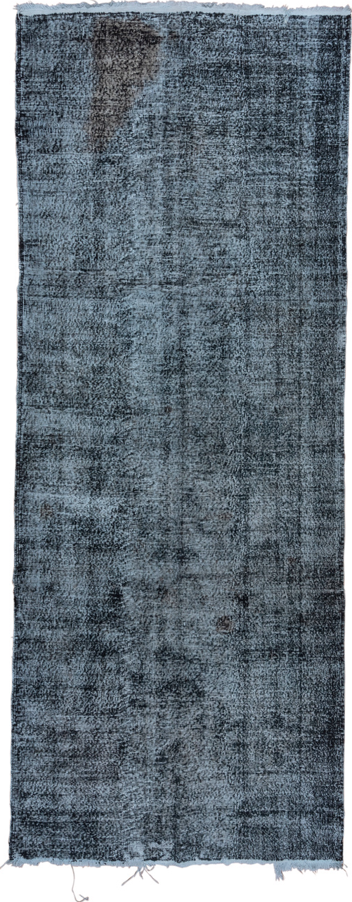 5' x 12' one-of-a-kind handmade vintage Overdyed runner rug. Color palette: black, blue, gray, light blue, light slate gray