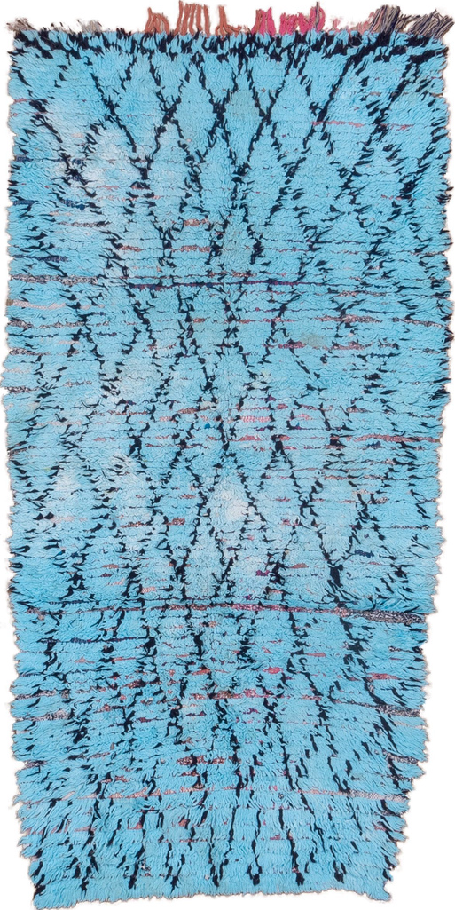 3' x 7' one-of-a-kind handmade vintage Rag Rug runner rug. Color palette: blue, gray, light blue, light gray