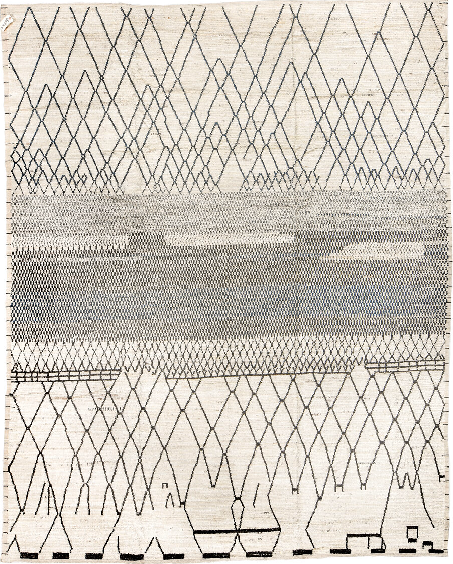 9' x 12' one-of-a-kind handmade vintage Tulu large size rug. Color palette: black, blue, charcoal, dark gray, dim gray