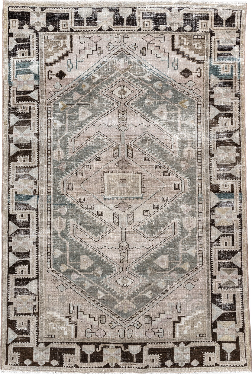 4' x 6' one-of-a-kind handmade vintage Malayer small size rug. Color palette: black, brown, charcoal, floral white