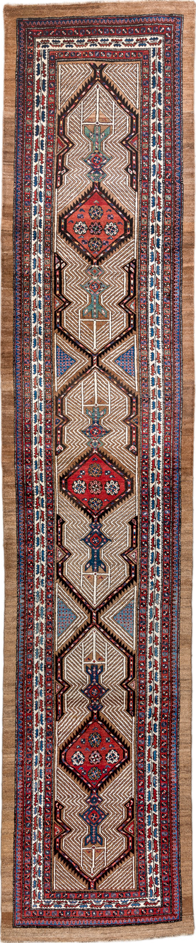 3' x 16' one-of-a-kind handmade vintage Sarab runner rug. Color palette: off-white, gray, blue, red, brown, black, pink