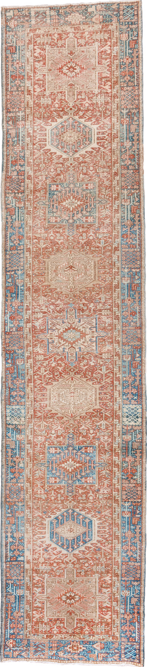 3' x 16' one-of-a-kind handmade vintage Karaje runner rug. Color palette: brown, dark salmon, gray, light blue, light gray