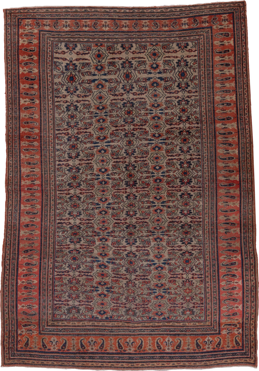 5' x 7' one-of-a-kind handmade vintage Khorassan rug. Color palette: blue, brown, gray, light gray, off-white, pink, red
