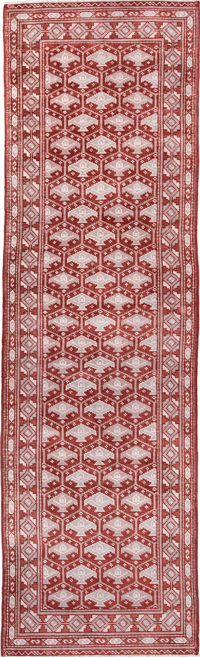 2' x 9' one-of-a-kind handmade vintage Oushak runner rug. Color palette: brown, gray, light gray, misty rose, off-white