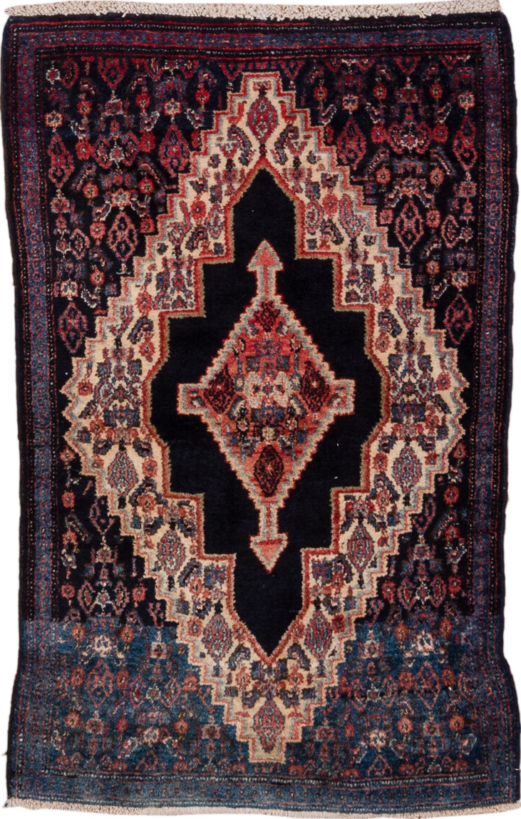2' x 3' one-of-a-kind handmade vintage Senne small size rug. Color palette: arapawa, black, blue, brown, fiord, gray