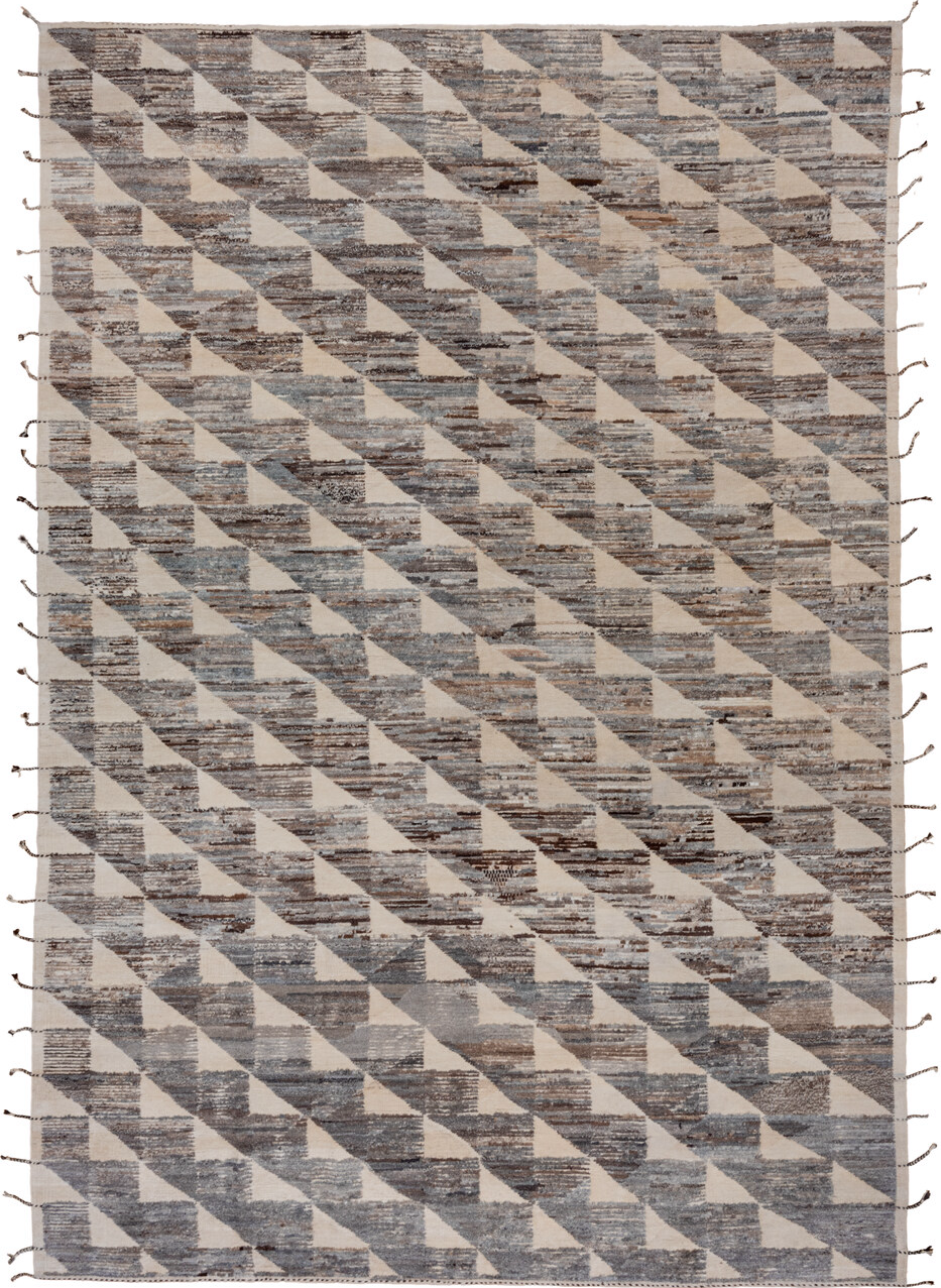 9' x 14' one-of-a-kind handmade vintage Tulu large size rug. Color palette: black, brown, dark gray, dim gray, gray