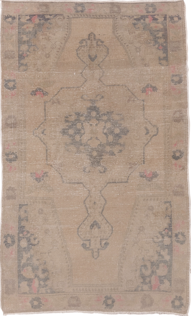 4' x 7' one-of-a-kind handmade vintage Oushak rug. Color palette: brown, gainsboro, gray, light gray, off-white, pink