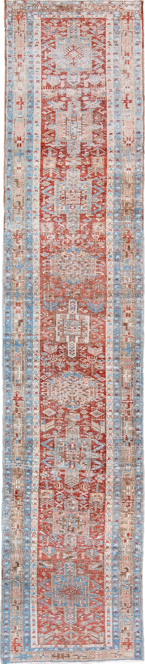 3' x 14' one-of-a-kind handmade vintage Heriz runner rug. Color palette: brown, dark gray, gainsboro, gray, light blue
