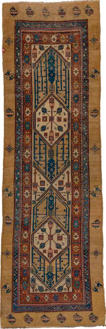 3' x 10' one-of-a-kind handmade vintage Sarab runner rug. Color palette: black, blue, brown, gray