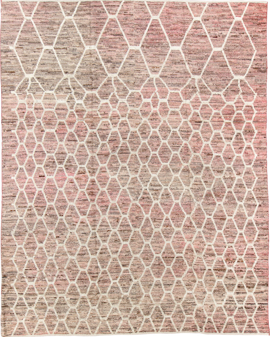 9' x 11' one-of-a-kind handmade vintage Tulu large size rug. Color palette: black, brown, gray, light gray, off-white, pink