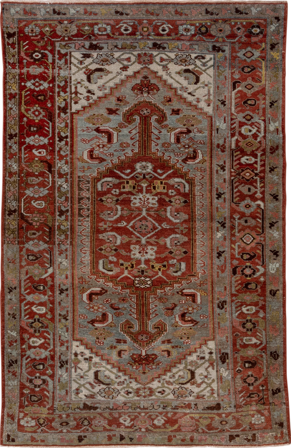 4' x 6' one-of-a-kind handmade vintage Malayer small size rug. Color palette: brown, gray, light gray, off-white, pink, red