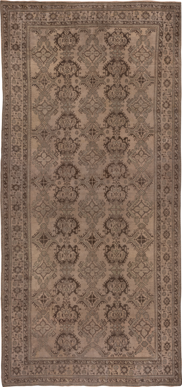 12' x 26' one-of-a-kind handmade vintage Oushak oversize rug. Color palette: brown, gray, pink