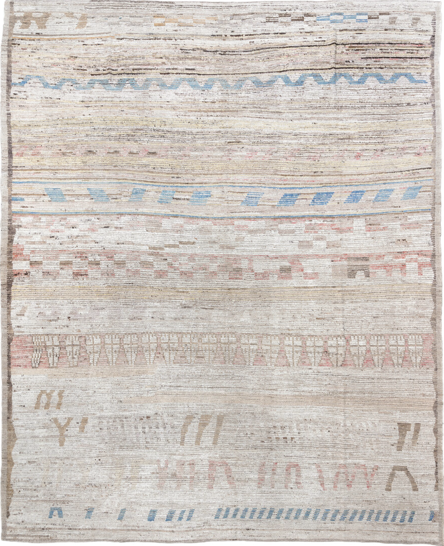 12' x 15' one-of-a-kind handmade vintage Tulu oversize rug. Color palette: light gray, off-white, gray, pink, light blue