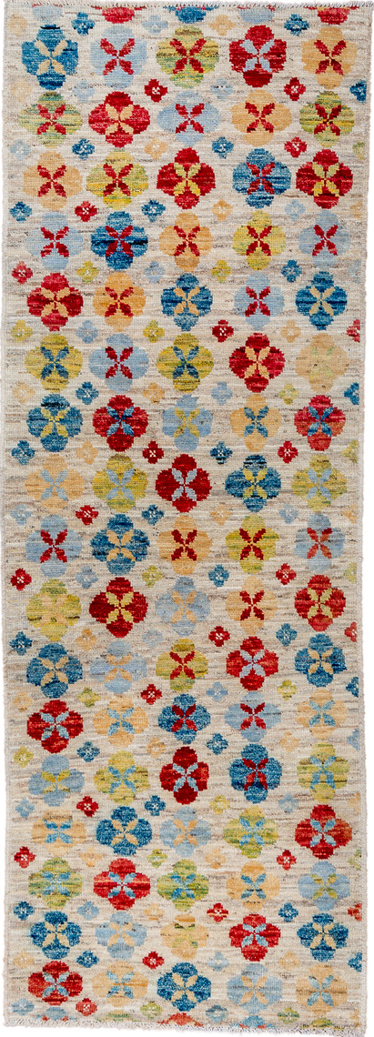 2' x 7' one-of-a-kind handmade vintage Tulu runner rug. Color palette: blue, brown, dark red, gray, light blue, light gray