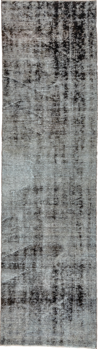 2' x 9' one-of-a-kind handmade vintage Overdyed runner rug. Color palette: black, dark gray, dim gray, gray, light gray