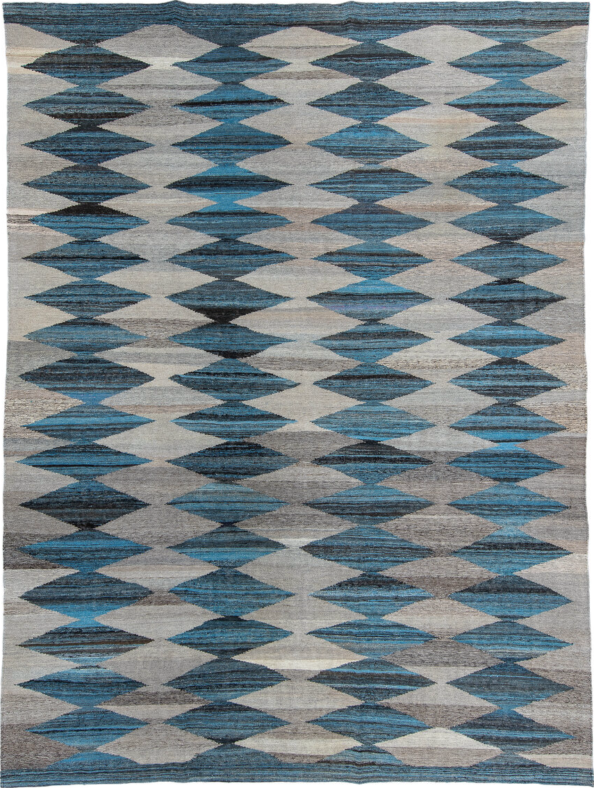 9' x 11' one-of-a-kind handmade vintage Kilim large size rug. Color palette: arapawa, black, blue, brown, charcoal