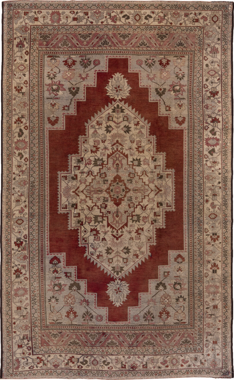 7' x 12' one-of-a-kind handmade vintage Oushak large size rug. Color palette: brown, gray, pink, red, redwood
