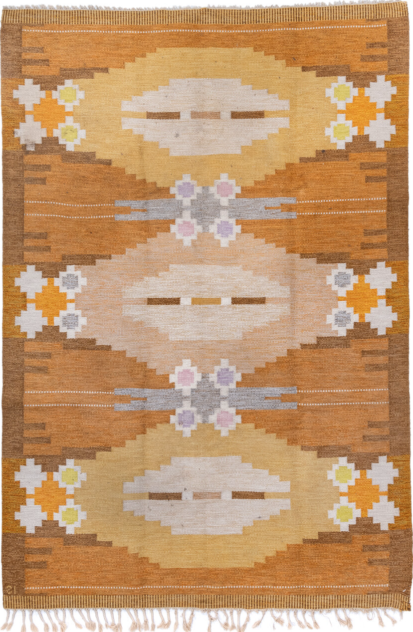 6' x 9' one-of-a-kind handmade vintage Rollaken medium size rug. Color palette: brown, burlywood, floral white, gainsboro
