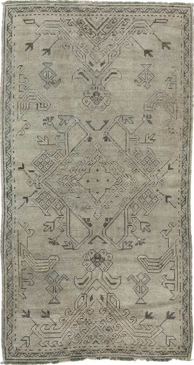 3' x 5' one-of-a-kind handmade vintage Oushak small size rug. Color palette: gray, light gray, off-white