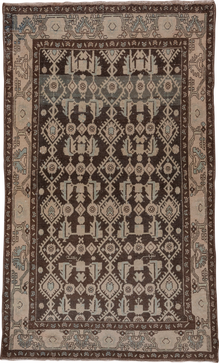 4' x 6' one-of-a-kind handmade vintage Hamadan small size rug. Color palette: brown, gray, light gray, off-white, pink
