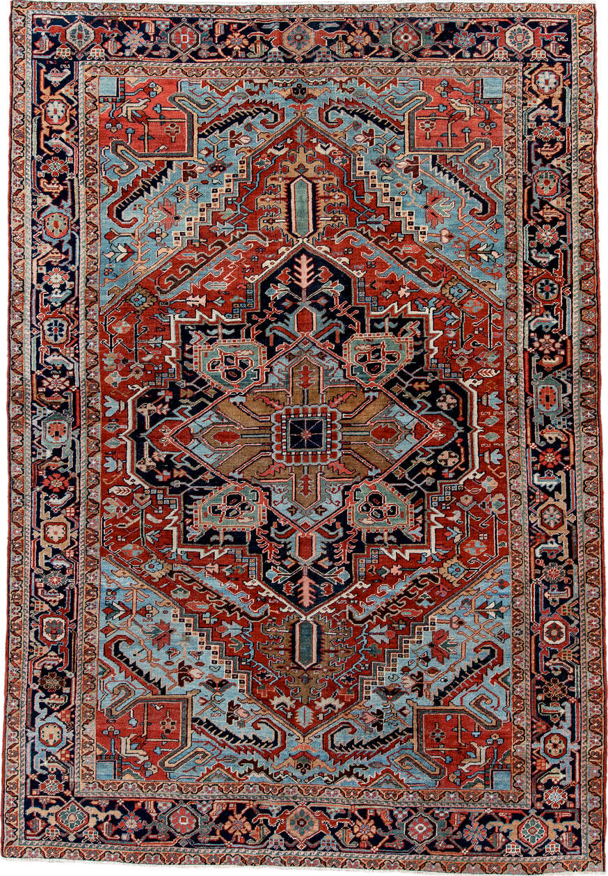 7' x 10' one-of-a-kind handmade vintage Heriz large size rug. Color palette: blue, brown, dim gray, gray, light blue