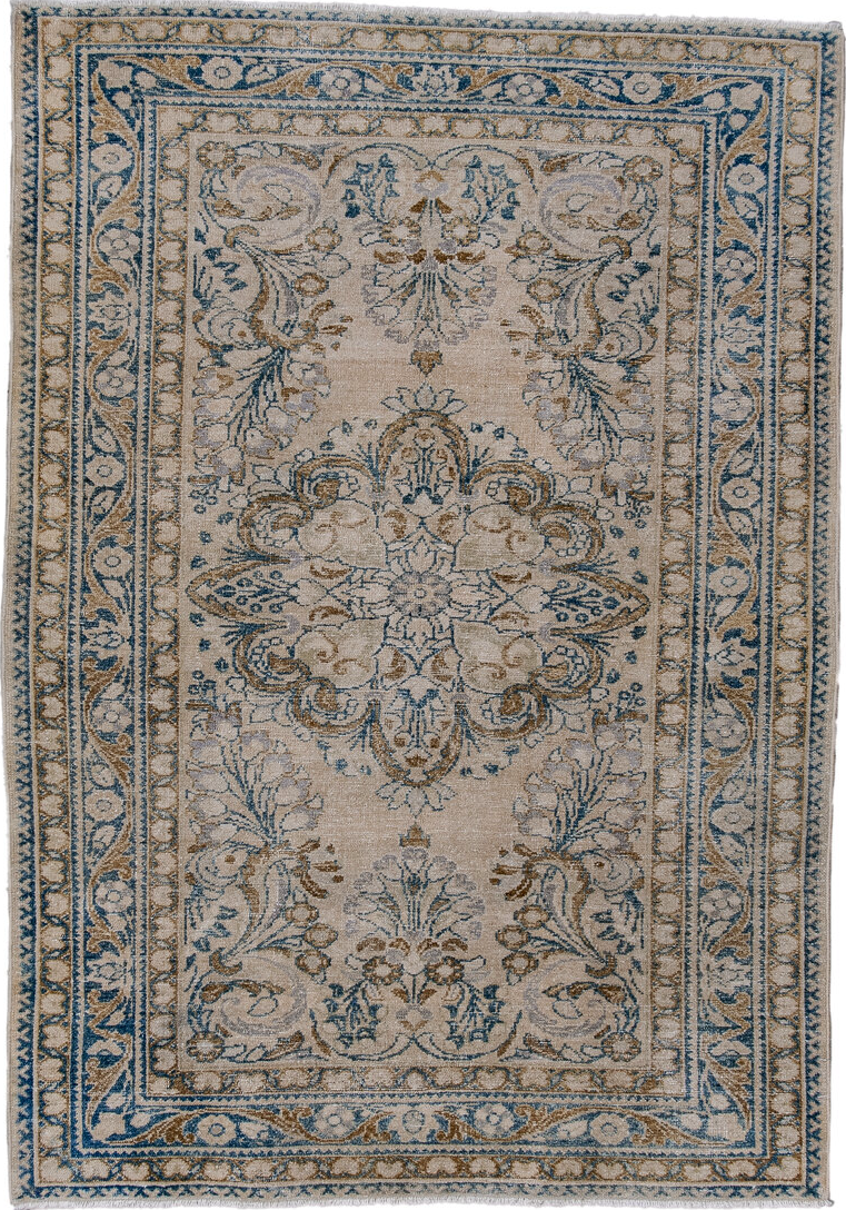 3' x 5' one-of-a-kind handmade vintage Lilian small size rug. Color palette: black, blue, brown, dark gray, dim gray, gray