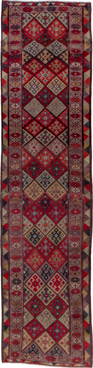2' x 10' one-of-a-kind handmade vintage Oushak runner rug. Color palette: brown, burgundy, gray, pink, red, redwood