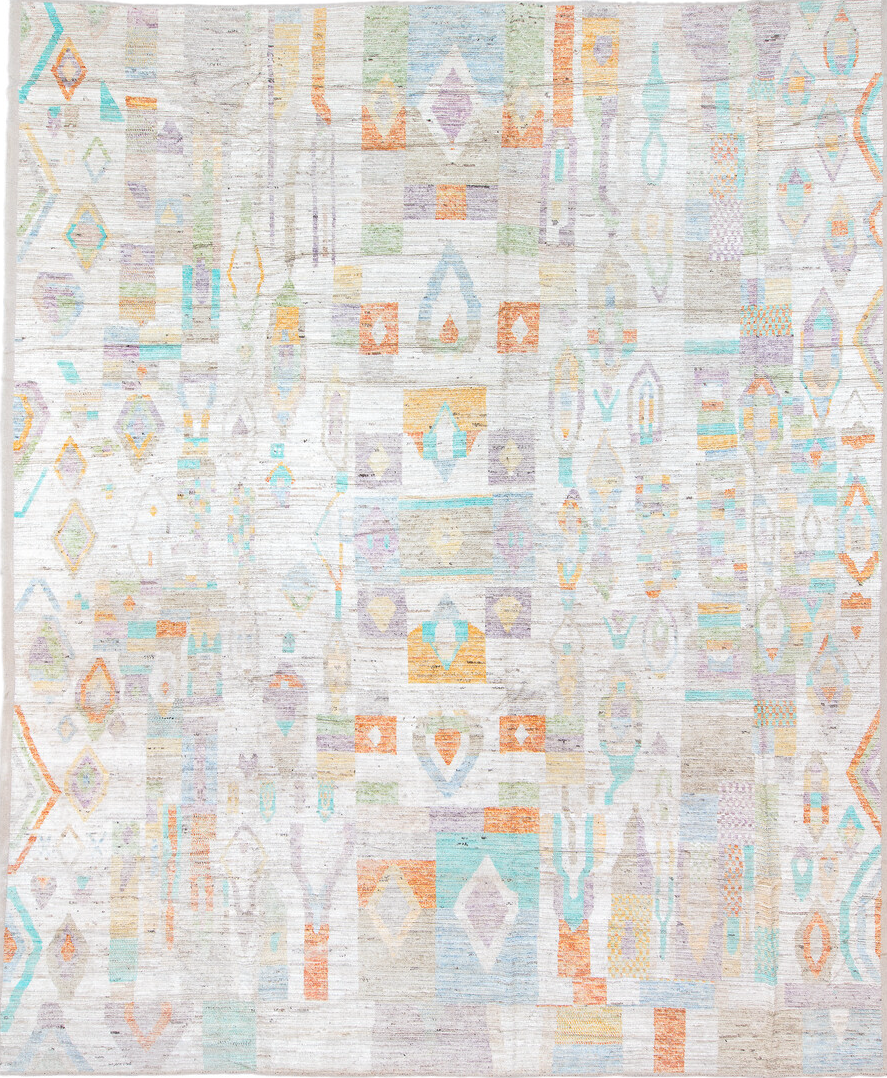 12' x 15' one-of-a-kind handmade vintage Tulu oversize rug. Color palette: blue, brown, dark gray, gainsboro, gray